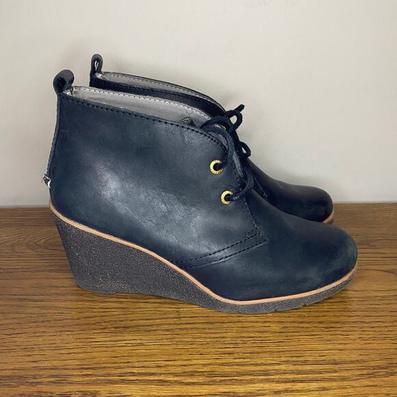 Sperry Top-Sider Women Harlow Burnished Wedge Pump Black Leather Booties 6.5 M - Picture 1 of 7